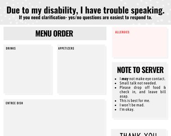 Social ComCard - Pour commander de la nourriture - Autiste | Anxiété sociale | Épuisement - Non Verbal