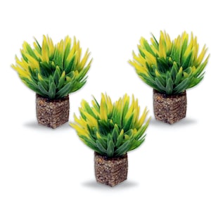 Small Mini Shrub Aquarium Foreground Plant Yellow Green 3 Pack with Stone Base, Lifelike Aquascape Decor, Artificial Aquarium Plastic Plant