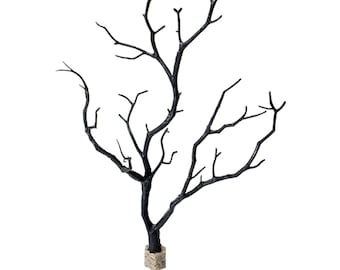 Rama de manzanita moldeada de 31,75 cm con base de piedra en negro o marrón - Decoración natural y realista para acuarios, planta artificial de plástico para acuarios