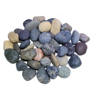 May include: A collection of smooth, rounded river rocks in various shades of gray, brown, and beige. The rocks are arranged in a circular pattern on a white background.