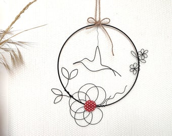 Couronne personnalisable avec fleurs, noeud et/ou oiseau en fil de fer, vintage, tendance, wall art, wire art, cadeau fête des mères