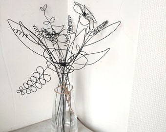 Bouquet de fleurs en fil de fer, 3d et 2d, création florale, art wire, déco design, vintage, bohème