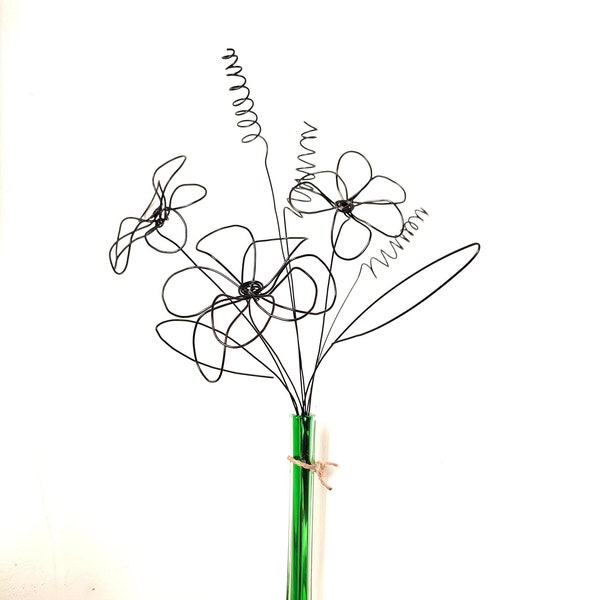 Bouquet de fleurs en fil de fer, 6 fleurs 3d, 2 feuilles 2d, déco intérieure design, art wire, nature bohème, vintage, cadeau femme