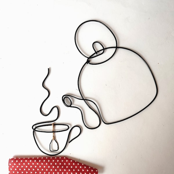 Théière, tasse, Pause thé, sculptures en fil de fer,  wire art, wall art, bijou de mur, déco cuisine, fête des mères