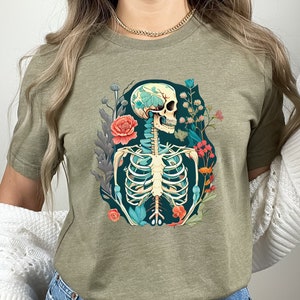 Floral Skeleton Shirt Whimsigoth Tshirt Floral Boho Tshirt Blooming Flowers Skeleton T shirt Goth Skull Trendy Graphic Tee Halloween Shirt