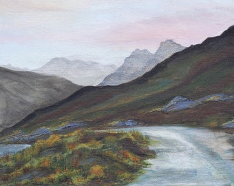 Langdale October Sunset 6x8" print, 8x10" mounted original English Lake District Art