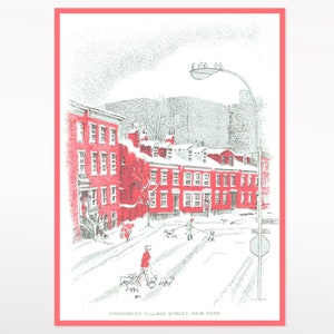 Vintage Hand Illustrated Greenwich Village Street, Nova York - Cartão de Saudações da Temporada