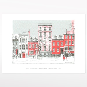 Vintage ręcznie ilustrowana West 10th Street, Greenwich Village, Nowy Jork - kartka z życzeniami świątecznymi