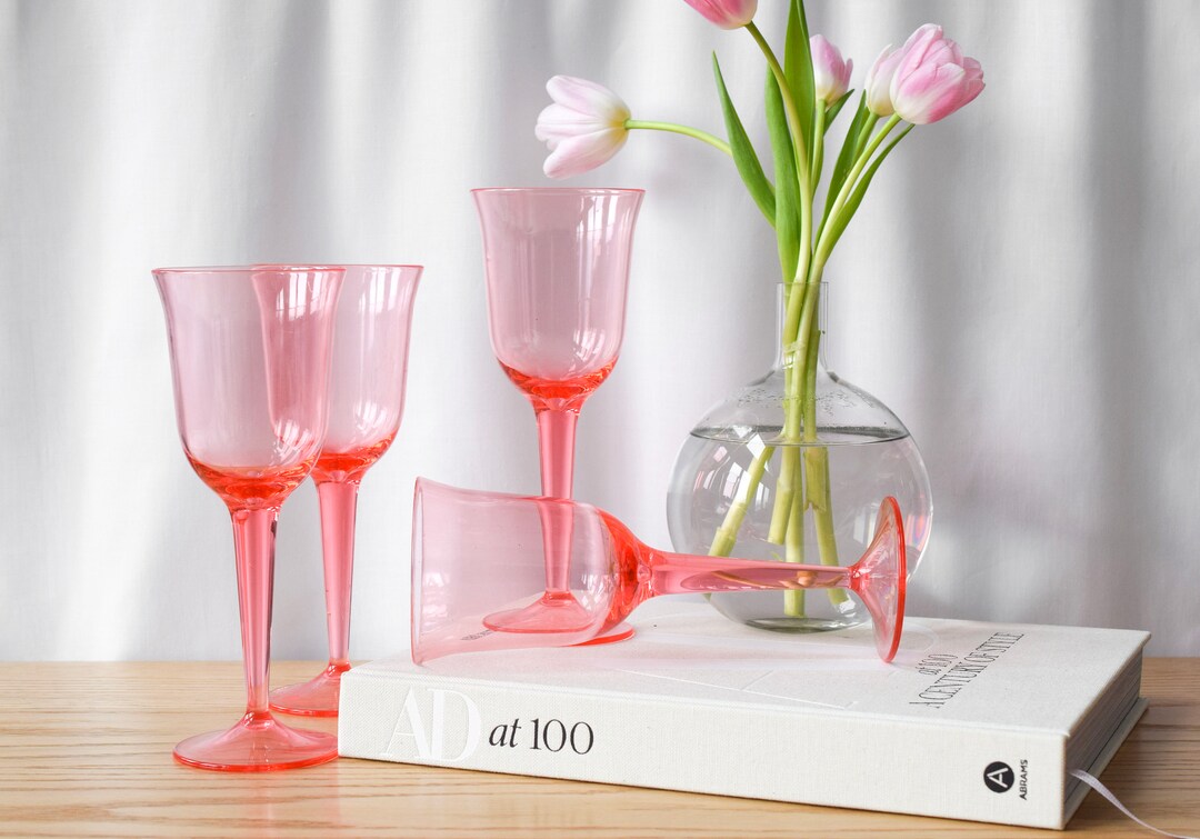 Set of 4 Pink Plastic Wine Glasses Vintage Plastic Cup Etsy