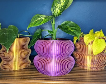 4" Pots Set of 3 - 3D Printed - Color Change - Stripe Texture