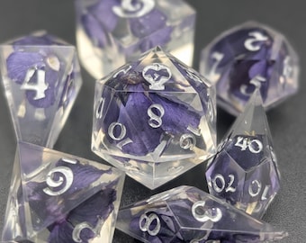 Handmade Resin Dice | Purple Flowers | Sharp Edge | Set of 7