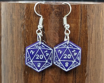 Dice Earrings - D20 - Handmade -Dangle or Studs-dnd ttrpg earrings
