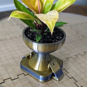 以下が含まれることがあります： 赤色の茎を持つ黄色と緑色の植物が、金色と白の正方形の土台が付いたプランターに入っています。プランターは表面がざらざらしていて、市松模様の表面の上に置かれています。