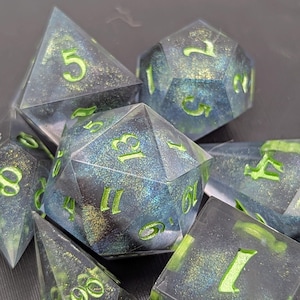 Handmade Resin Dice | Emerald Nebula | Sharp Edge | Set of 7 | Imperfect Dice