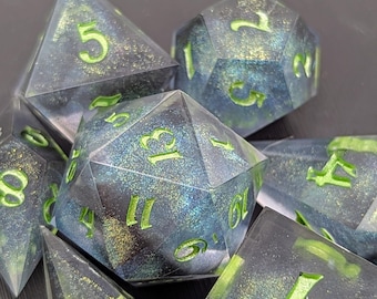Handmade Resin Dice | Emerald Nebula | Sharp Edge | Set of 7 | Imperfect Dice