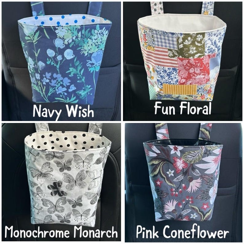 May include: Four fabric car trash bags with different patterns. The "Navy Wish" bag has a blue floral design. The "Fun Floral" bag is a patchwork of colorful fabrics. The "Monochrome Monarch" bag features butterfly prints. The "Pink Coneflower" bag has a floral pattern.