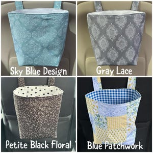 May include: Four fabric car trash bags in various patterns. The designs include sky blue with a pattern, gray lace, petite black floral, and blue patchwork. Each bag has a white interior and straps for hanging.