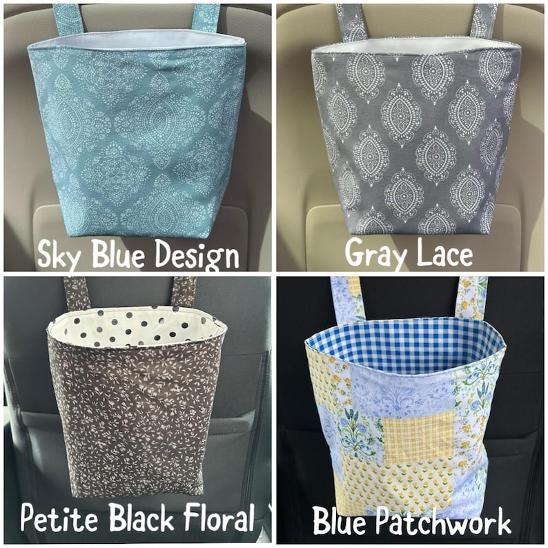 May include: Four fabric car trash bags in various patterns. The designs include sky blue with a pattern, gray lace, petite black floral, and blue patchwork. Each bag has a white interior and straps for hanging.