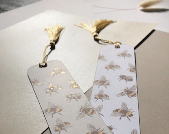 Bees Bookmark With Gold Foil - Bookmark With Golden Tassel, Bookmarks, Book Lover Gift, Bee Lover Gift, Bee Gift, Bee Bookmark