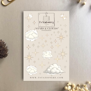 Hoja de pegatinas de estrellas y nubes: pegatinas celestiales y fantásticas para agendas y diarios de lectura.