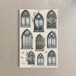 Op de afbeelding: Een stickervel met negen gotische boogvensters in grijstinten en groen. De ramen hebben gedetailleerde ontwerpen en staan tegen een rasterachtergrond. De tekst "DARK ACADEMIA 5" en "T's Stationery" zijn zichtbaar.