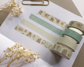 Washi Tape Set, Paper Tape, Washi Tape With Sunflowers, Washi Tape With Books, Decorative Tape, Green Grid,  Beige Grid, Crafting Tape