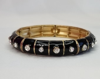 Black enamel bracelet Stretch bracelet vintage Rhinestone cuff bracelet