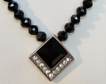 Trifari necklace Black beaded necklace vintage Square pendant necklace