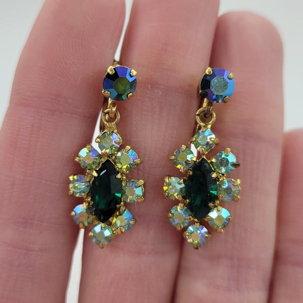 Emerald screw back earrings Austria earrings Aurora borealis earrings vintage