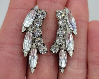 Crystal crescent earrings Angel wing earrings Vintage pierced earrings