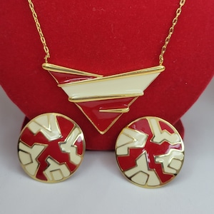 Monet jewelry set 80s necklace red Runway necklace and earrings Geometric necklace set