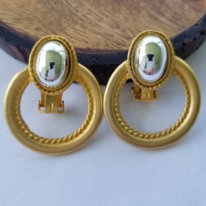 Doorknocker earrings Hoop clip on earrings Two color earring vintage