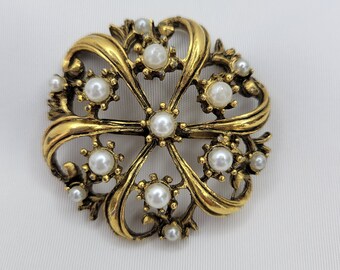 Antiqued gold pearl brooch Oval floral brooch vintage