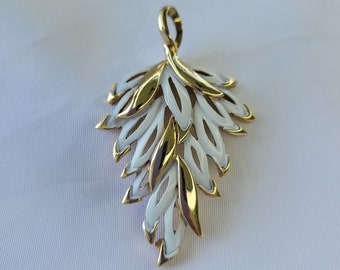 White enamel pendant Gold leaves pendant Tree pendant vintage