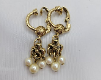 Pearl dangle clip on earrings Vintage cute earrings for women