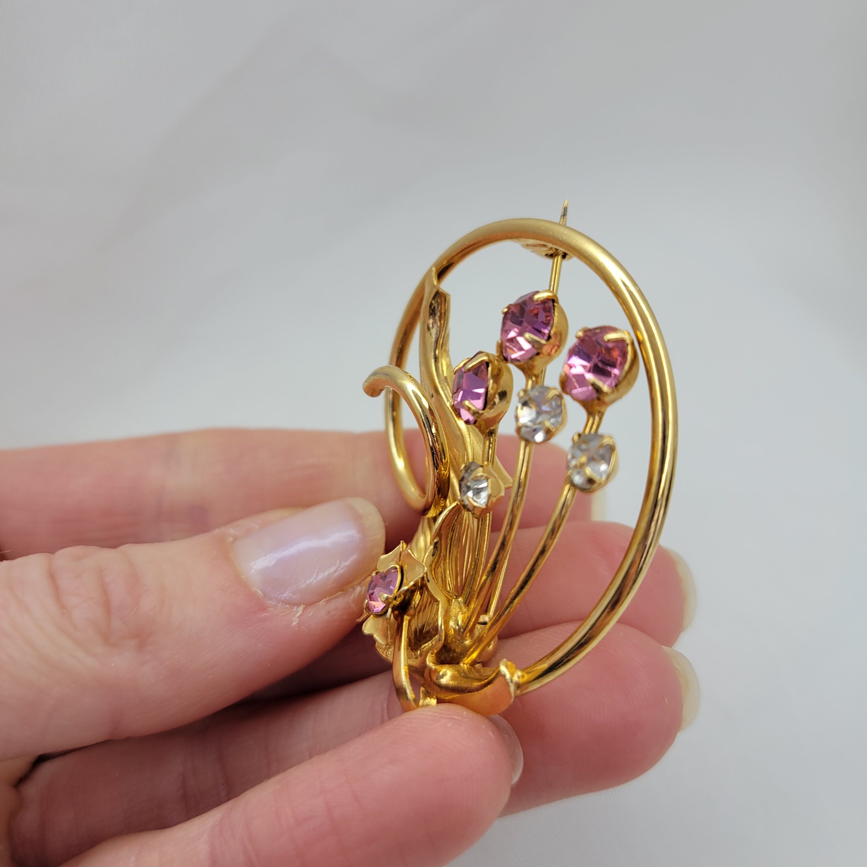 Broche Ancienne En Plaqué Or XIXe Siècle - Fleurs Et Strass, Style Français - Occasion