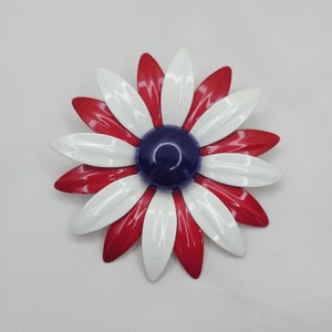 May include: A red, white and blue enamel flower brooch. The flower has a dark blue centre and white petals with red accents.