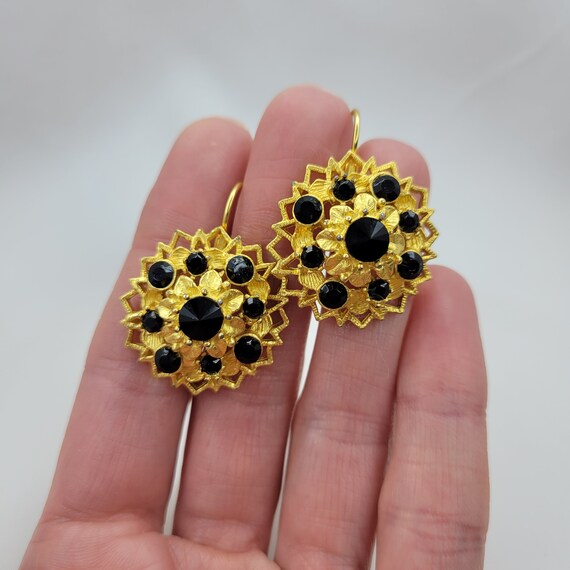 Matte gold earrings Vintage black crystal earring… - image 5