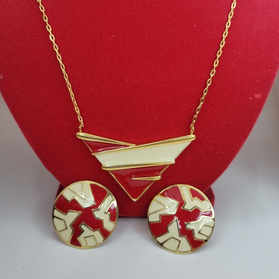 Monet jewelry set 80s necklace red Runway necklace and earrings Geometric necklace set