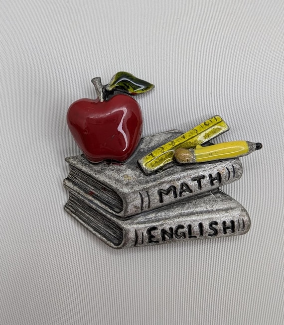 Vintage Teacher Brooch Math English Books Brooch Pewter Teacher Appreciation Gift