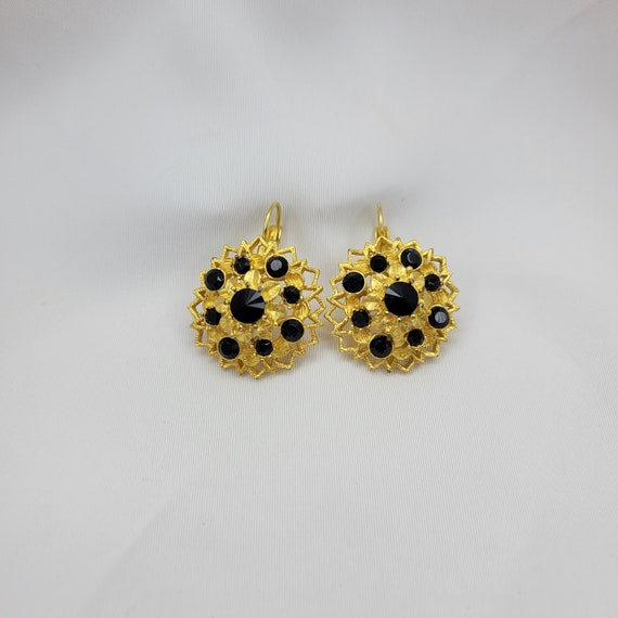 Matte gold earrings Vintage black crystal earring… - image 3
