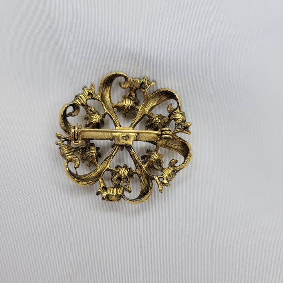 Antiqued gold pearl brooch Oval floral brooch vin… - image 5