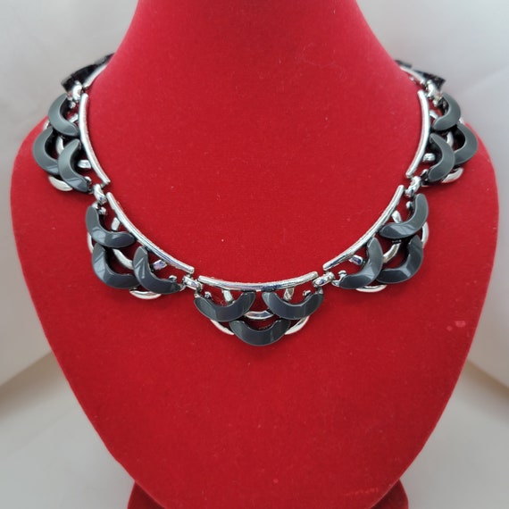 Black plastic choker Silver link necklace vintage - image 2