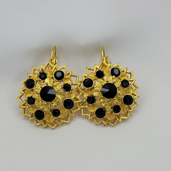 Matte gold earrings Vintage black crystal earring… - image 1