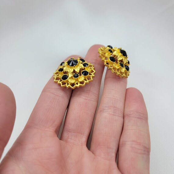 Matte gold earrings Vintage black crystal earring… - image 7