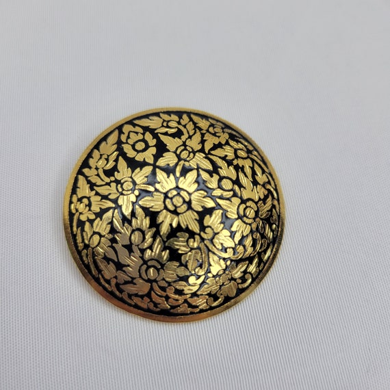 Damascene floral brooch Vintage black gold brooch 