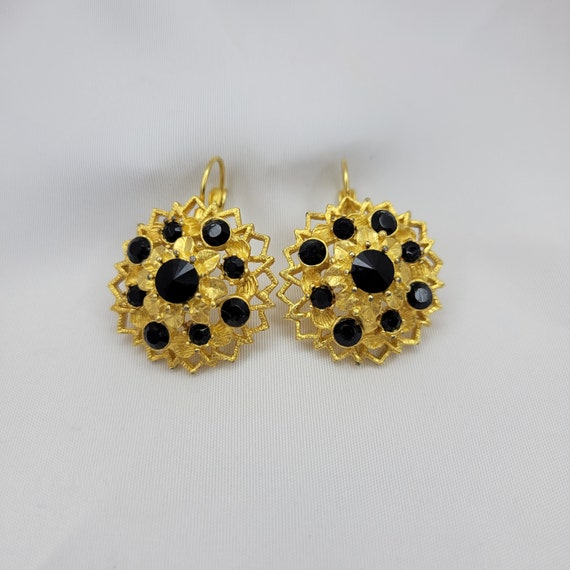 Matte gold earrings Vintage black crystal earring… - image 2