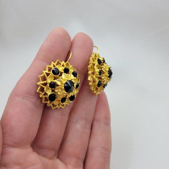 Matte gold earrings Vintage black crystal earring… - image 6