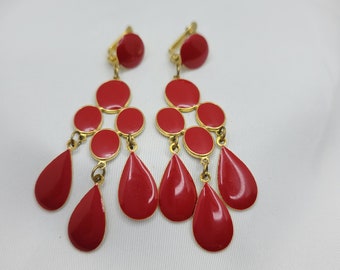 Vintage teardrop red earrings Enamel chandelier earrings
