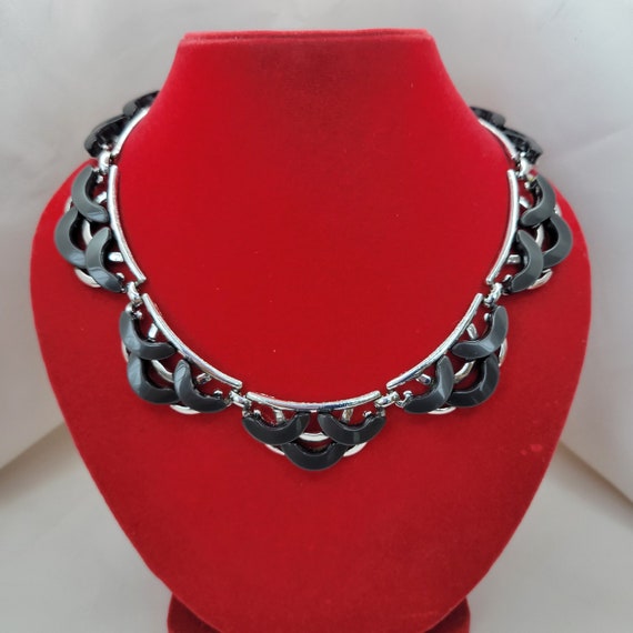 Black plastic choker Silver link necklace vintage - image 1